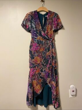 Velvet Floral High-Low Wrap Dress in Multicolor